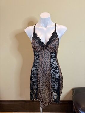 Leopard Lace Chemise Nightdress - Black/Brown